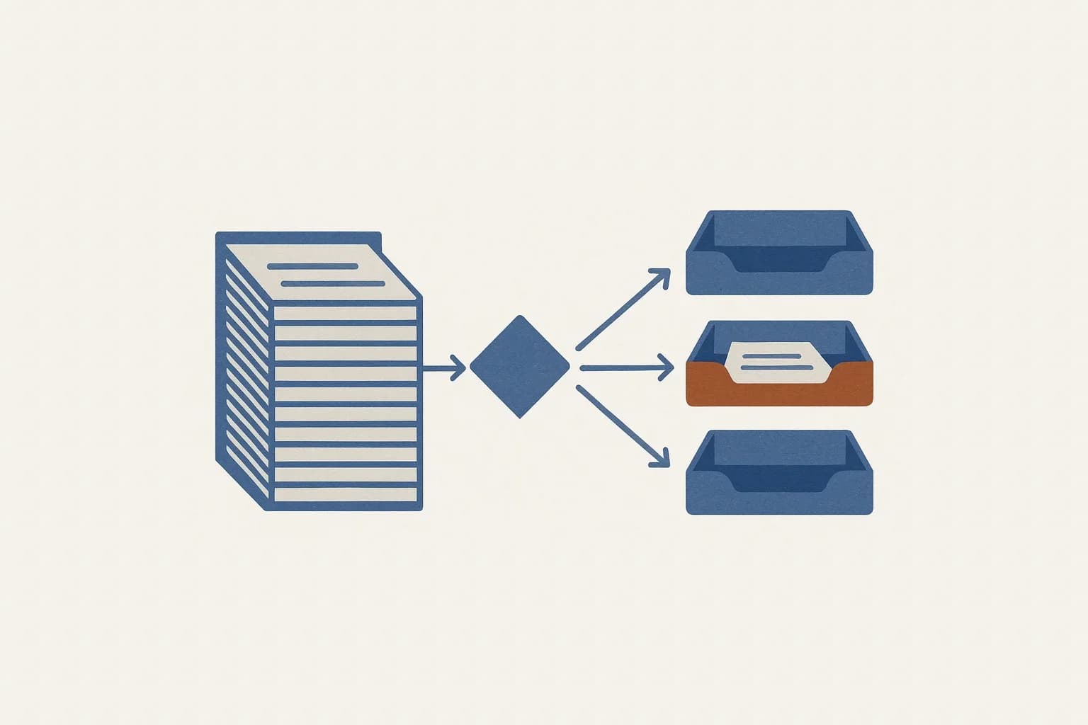 A stack of notices, an arrow into a decision diamond and three letter trays; only the middle, orange tray receives a sheet.